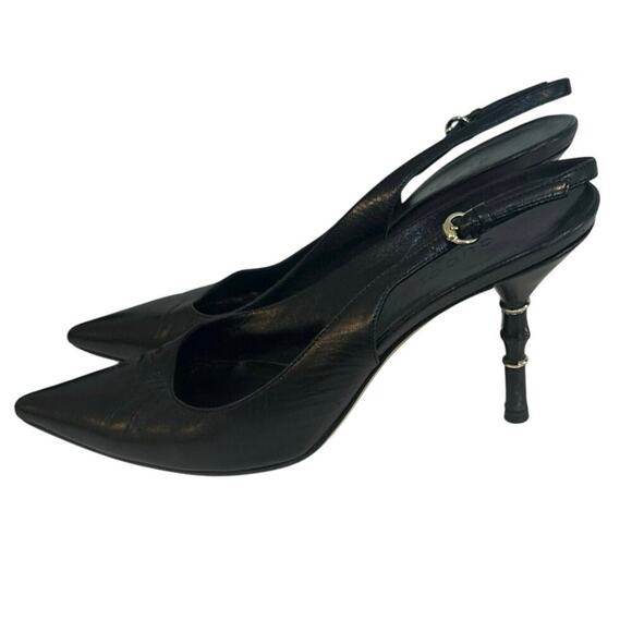 Vintage Gucci Black Guccissima Leather Pointed Toe Slingback Bamboo Heel SZ 7.5 - Picture 3 of 14